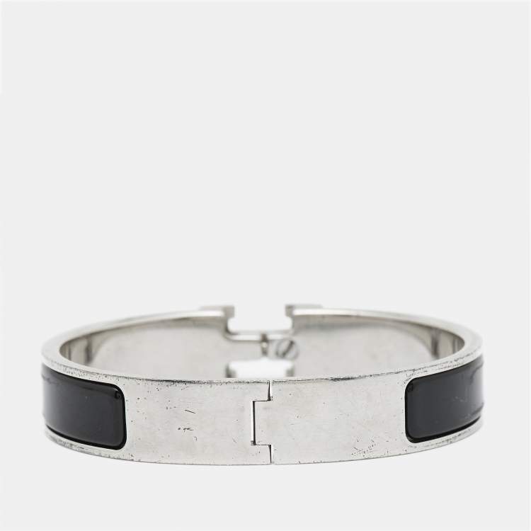 Pre Owned Hermes Clic H Black Enamel Palladium Plated Bracelet