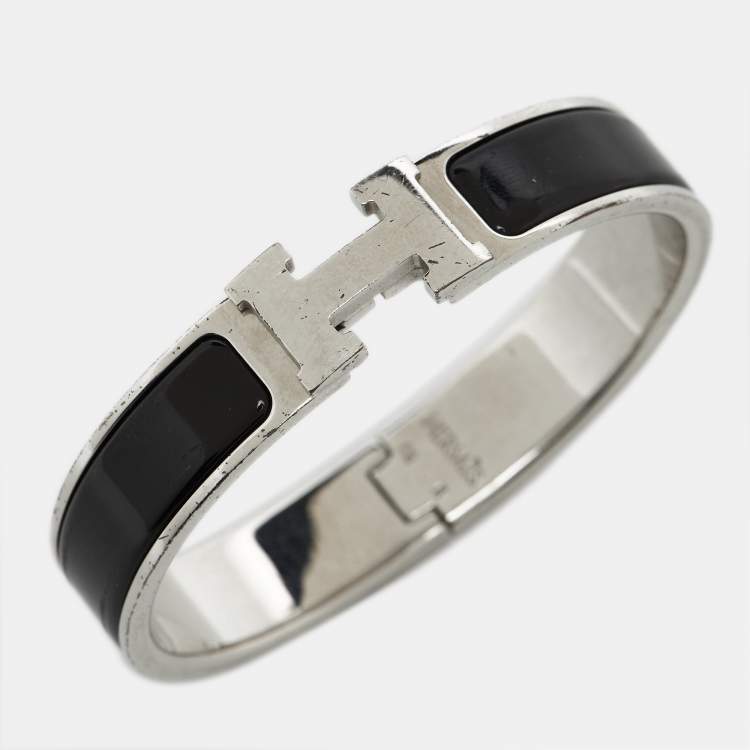 Pre Owned Hermes Clic H Black Enamel Palladium Plated Bracelet