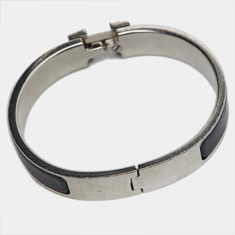 Pre Owned Hermes Clic H Black Enamel Palladium Plated Bracelet