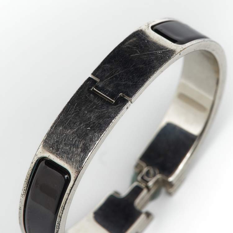 Pre Owned Hermes Clic H Black Enamel Palladium Plated Bracelet