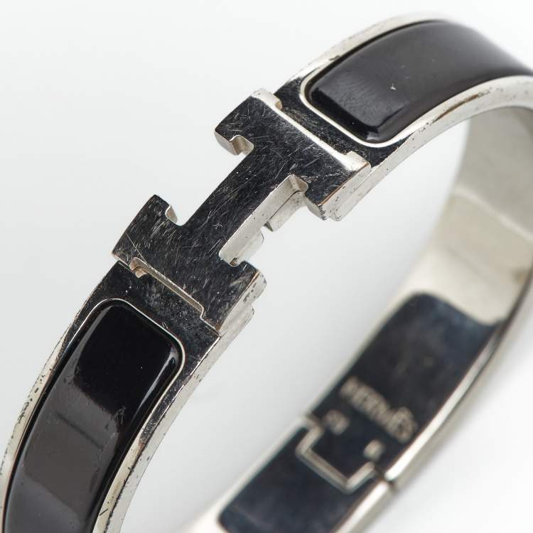 Pre Owned Hermes Clic H Black Enamel Palladium Plated Bracelet