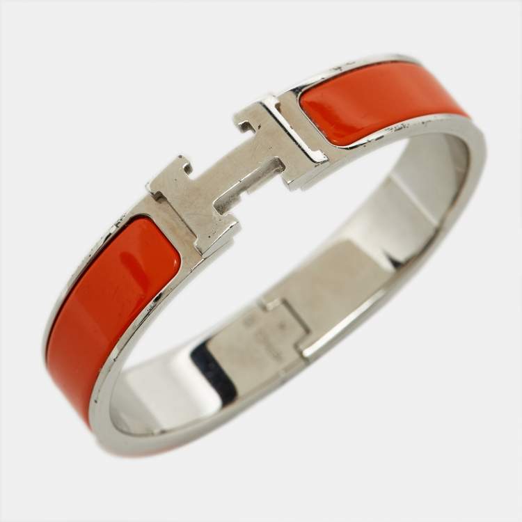 Pre Owned Hermes Clic H Orange Enamel Palladium Plated Bracelet