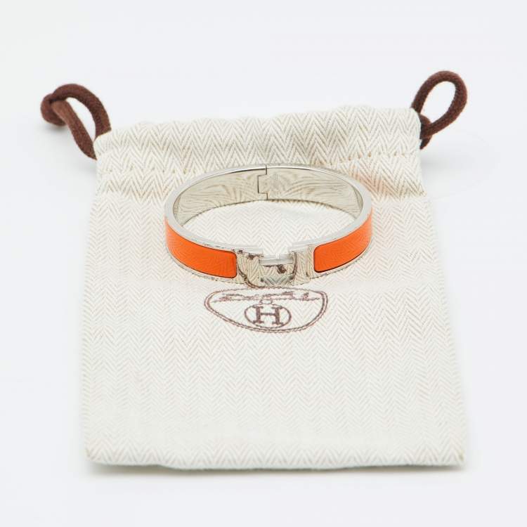 Pre Owned Hermes Clic H Orange Enamel Palladium Plated Bracelet