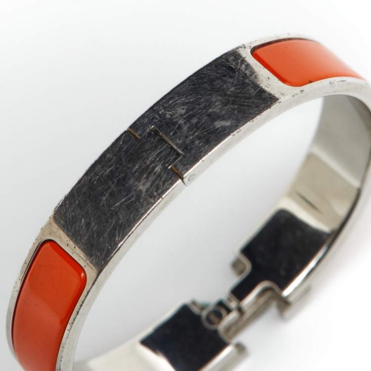 Pre Owned Hermes Clic H Orange Enamel Palladium Plated Bracelet