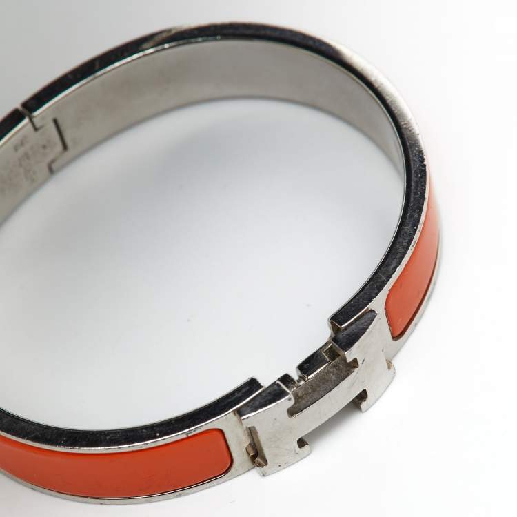 Pre Owned Hermes Clic H Orange Enamel Palladium Plated Bracelet
