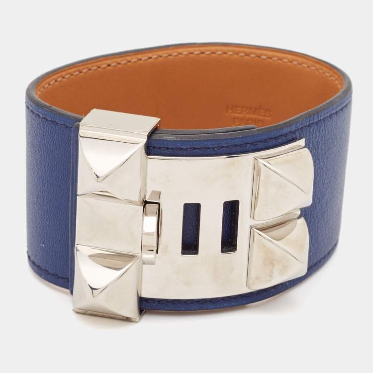 Pre Owned Hermes Collier de Chien Leather Palladium Plated Bracelet 