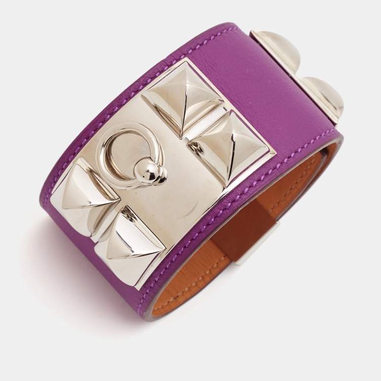 Pre Owned Hermes Collier De Chien Purple Leather Palladium Plated Bracelet