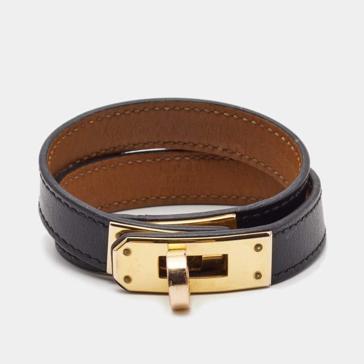 Pre Owned Hermes Kelly Double Tour Black Leather Gold Plated Bracelet