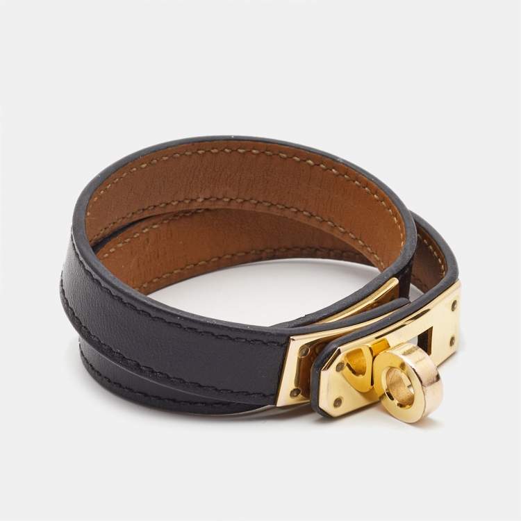 Pre Owned Hermes Kelly Double Tour Black Leather Gold Plated Bracelet