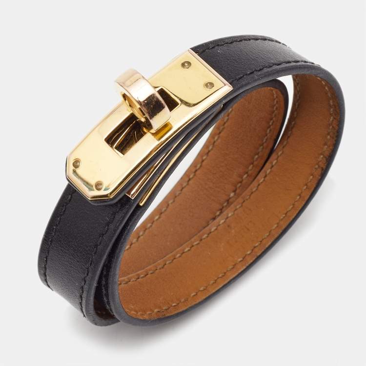 Pre Owned Hermes Kelly Double Tour Black Leather Gold Plated Bracelet