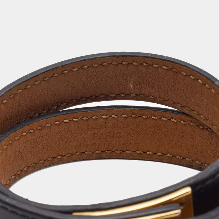 Pre Owned Hermes Kelly Double Tour Black Leather Gold Plated Bracelet
