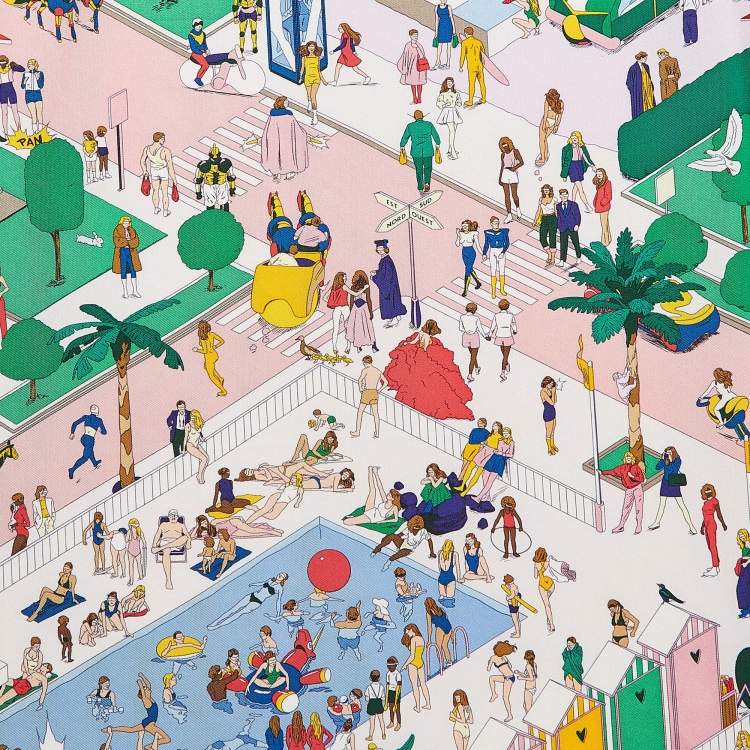 Pre Owned Hermès Multicolor Printed Silk On The Beach Scarf