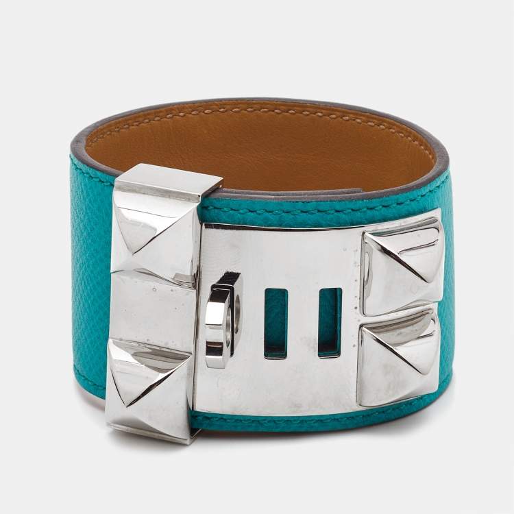 Pre Owned Hermes Collier de Chien Leather Palladium Plated Wide Bracelet 