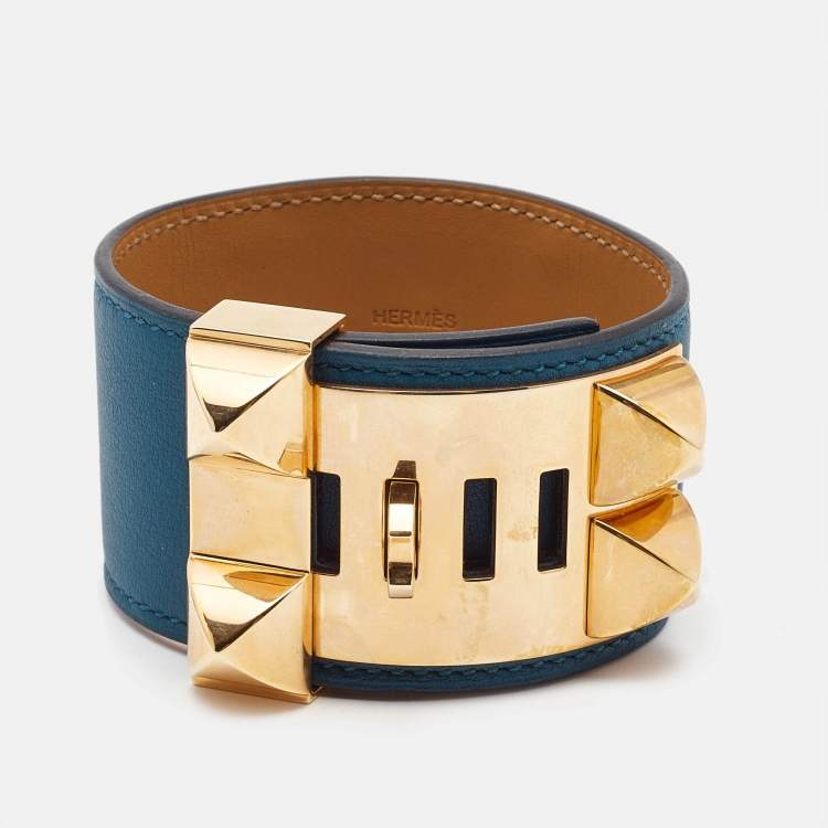 Pre Owned Hermès Collier de Chien Leather Gold Plated Wide Bracelet