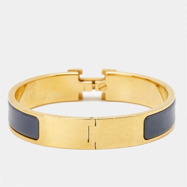 Pre Owned Hermès Clic H Grey Enamel Gold Plated Bracelet