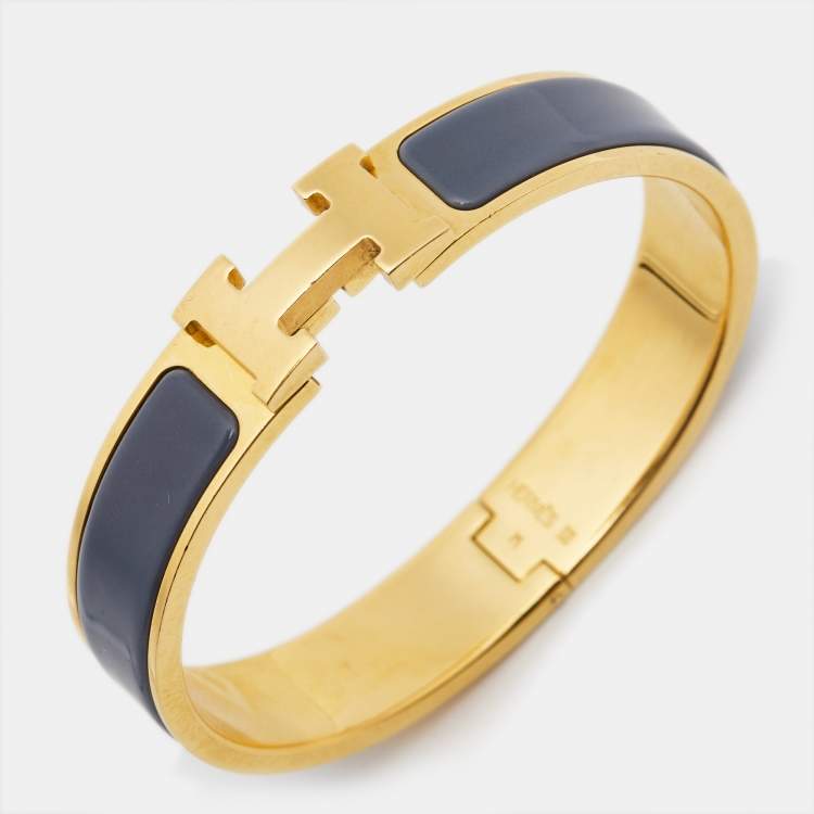 Pre Owned Hermès Clic H Grey Enamel Gold Plated Bracelet
