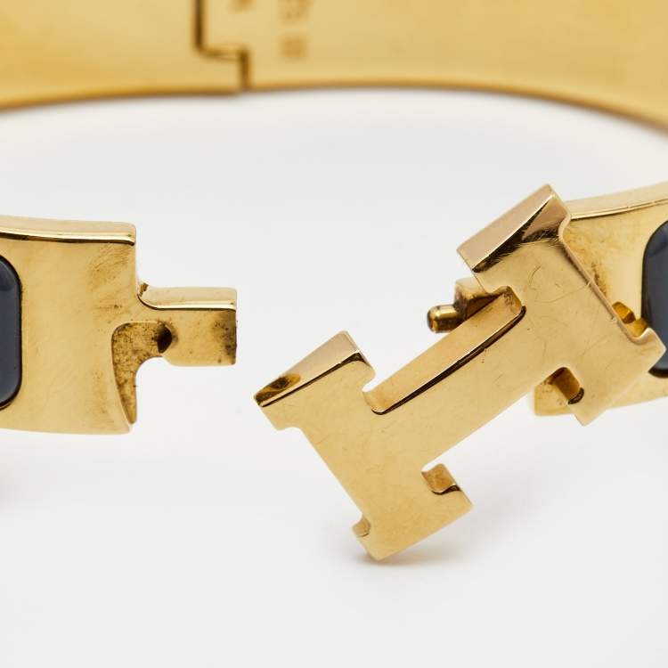 Pre Owned Hermès Clic H Grey Enamel Gold Plated Bracelet