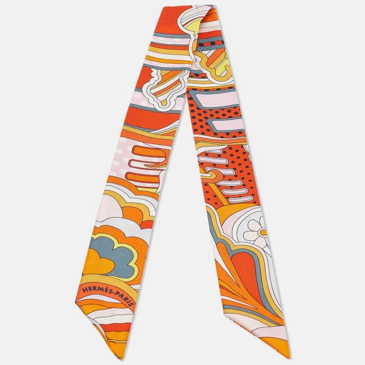 Pre Owned Hermes Orange Printed Silk Faubourg Rainbow Twilly