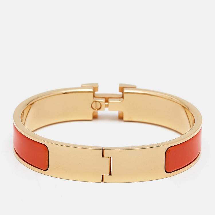 Pre Owned Hermès Clic H Orange Enamel Gold Plated Bracelet