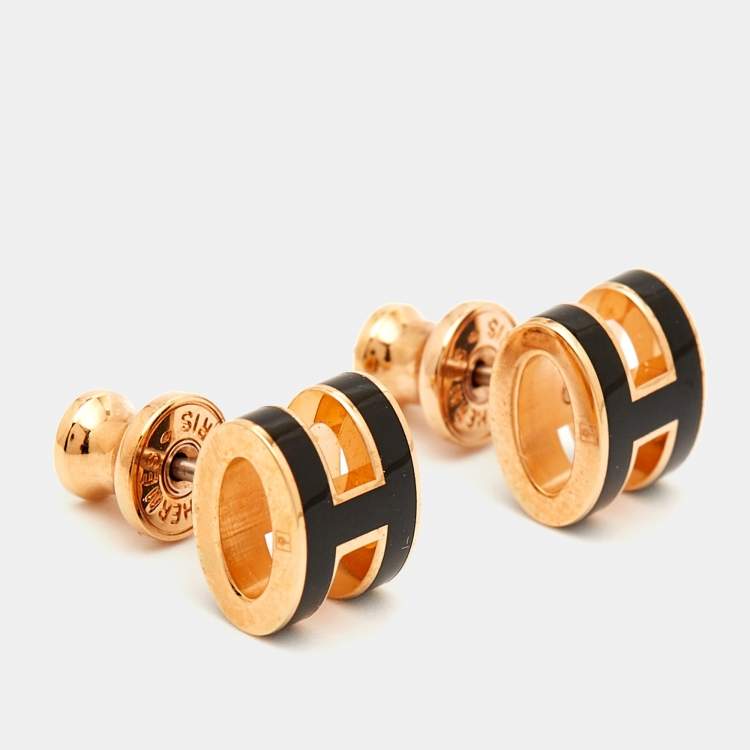 Pre Owned Hermes Mini Pop H Enamel Gold Plated Stud Earring