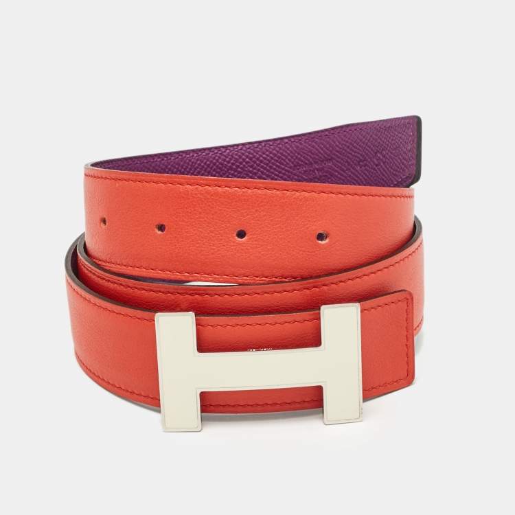 Pre Owned Hermes Anemone/Capucine Epsom and Swift Leather Enamel Quizz H Buckle Belt 85 CM