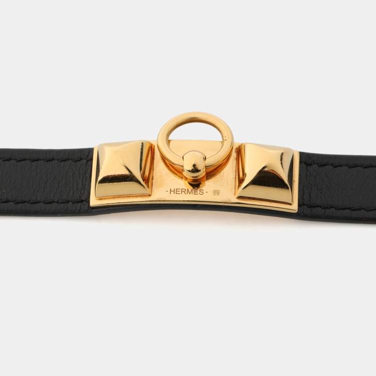 Pre Owned Hermès Black Leather Rivale Double Tour Bracelet XS