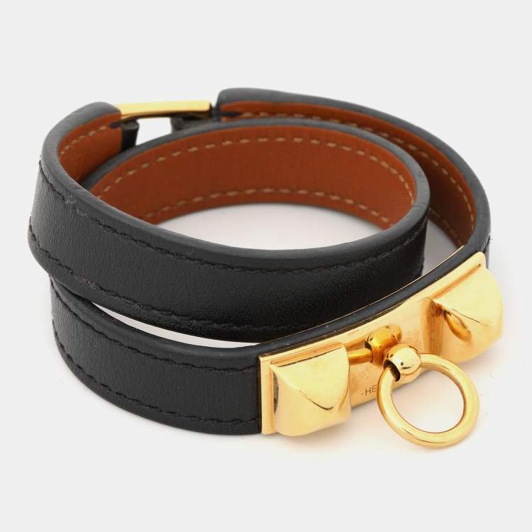 Pre Owned Hermès Black Leather Rivale Double Tour Bracelet XS