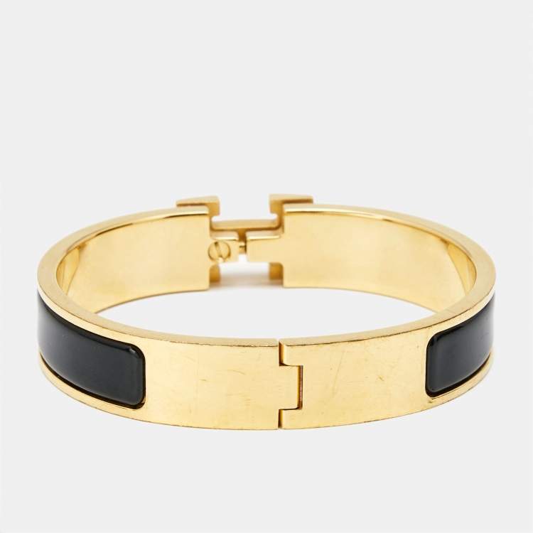 Pre Owned Hermès Clic H Black Enamel Gold Plated Bracelet
