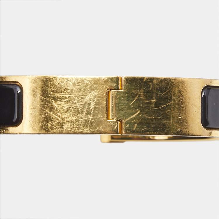 Pre Owned Hermès Clic H Black Enamel Gold Plated Bracelet