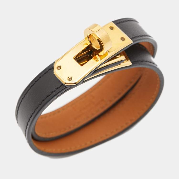Pre Owned Hermes Kelly Black Leather Gold Plated Bracelet