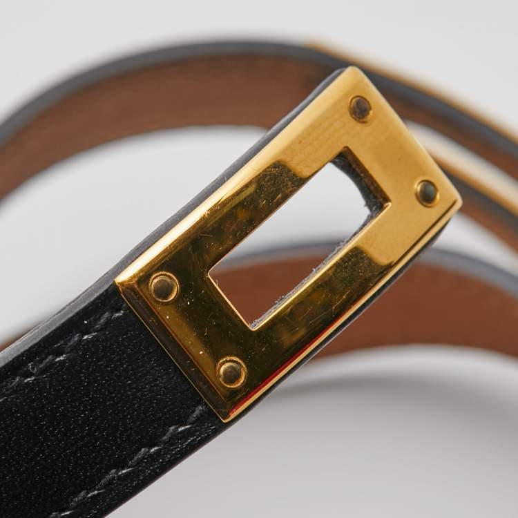 Pre Owned Hermes Kelly Black Leather Gold Plated Bracelet