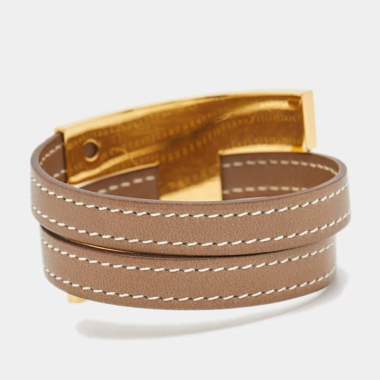 Pre Owned Hermes Pousse Pousse Brown Leather Gold Plated Bracelet