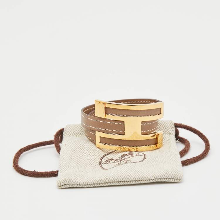 Pre Owned Hermes Pousse Pousse Brown Leather Gold Plated Bracelet