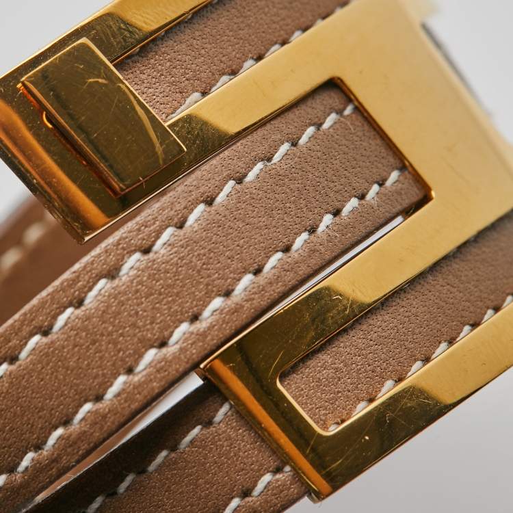 Pre Owned Hermes Pousse Pousse Brown Leather Gold Plated Bracelet
