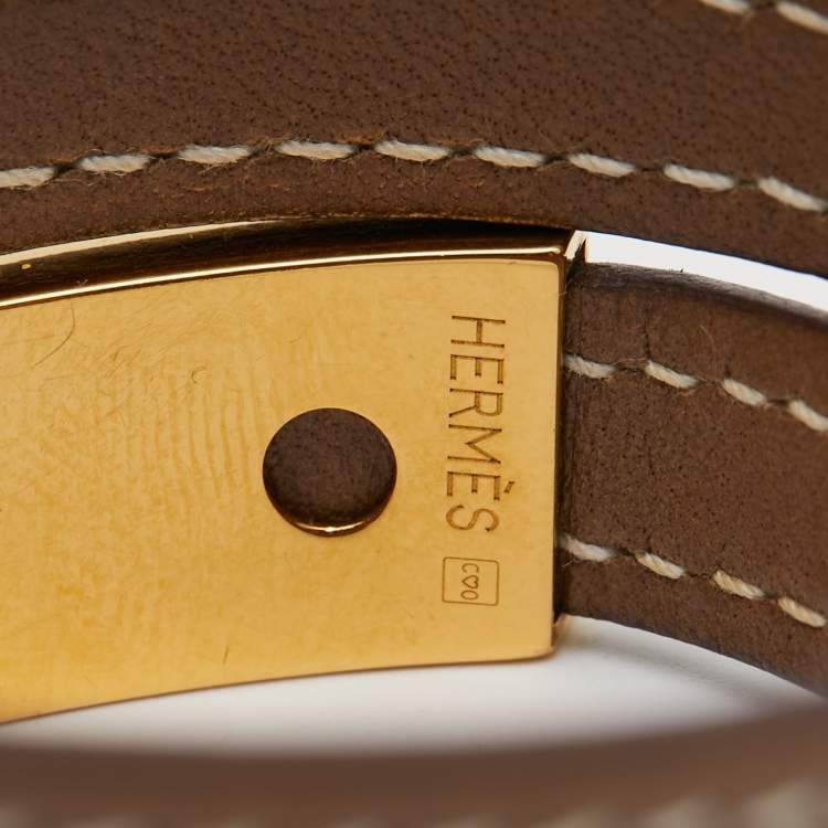 Pre Owned Hermes Pousse Pousse Brown Leather Gold Plated Bracelet
