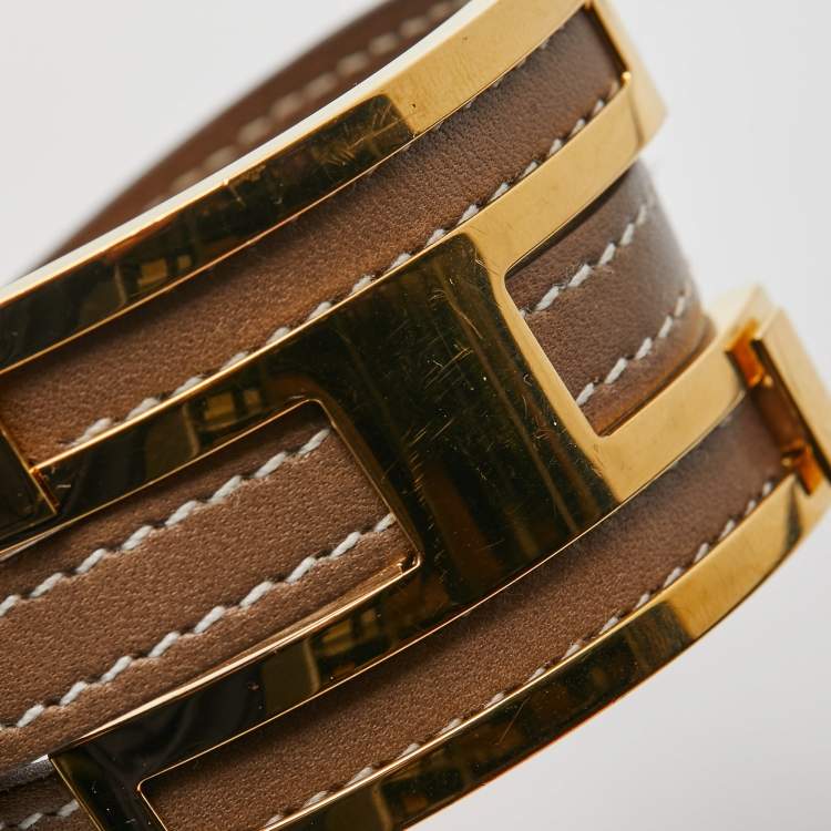 Pre Owned Hermes Pousse Pousse Brown Leather Gold Plated Bracelet