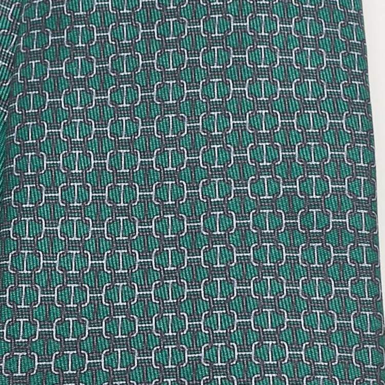 Pre Owned Hermes Green/Grey Printed Silk Classic Tie