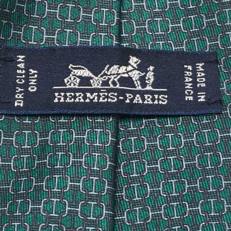 Pre Owned Hermes Green/Grey Printed Silk Classic Tie