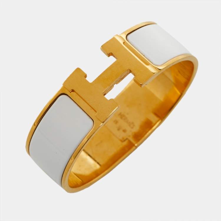 Pre Owned Hermès Clic Clac H White Enamel Gold Plated Wide Bracelet 