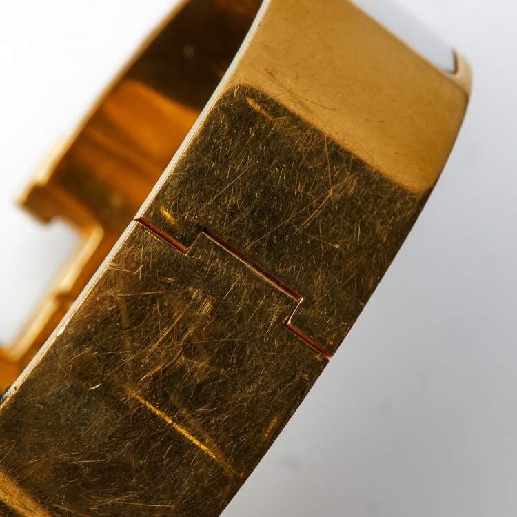 Pre Owned Hermès Clic Clac H White Enamel Gold Plated Wide Bracelet 