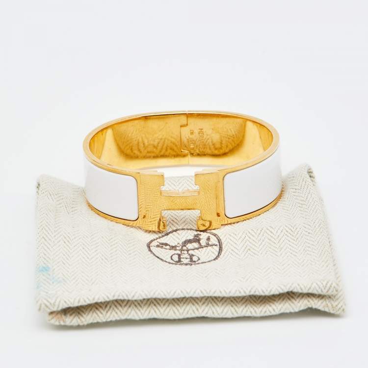 Pre Owned Hermès Clic Clac H White Enamel Gold Plated Wide Bracelet 