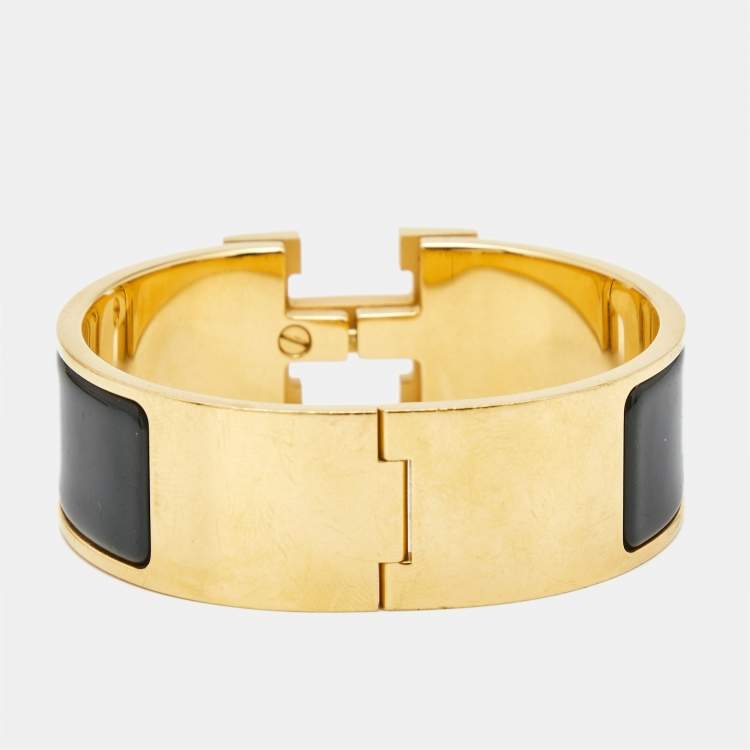 Pre Owned Hermes Clic Clac H Black Enamel Gold Tone Bracelet