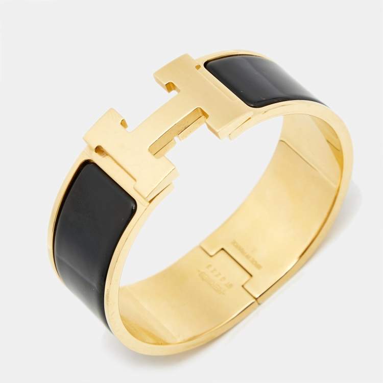 Pre Owned Hermes Clic Clac H Black Enamel Gold Tone Bracelet