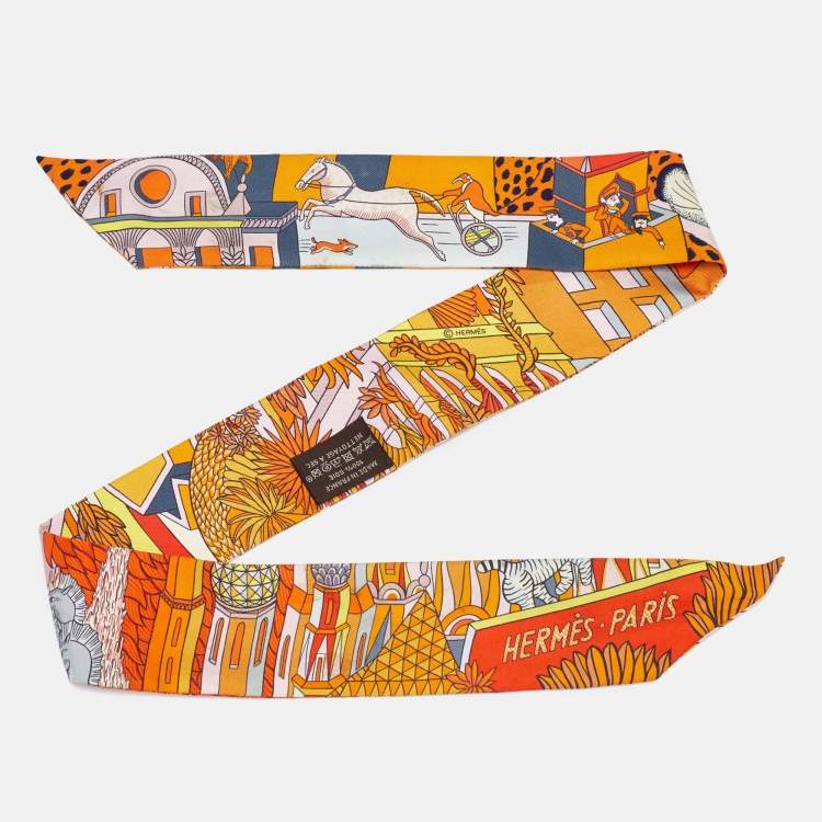 Pre Owned Hermès Orange Animapolis Silk Twilly Scarf