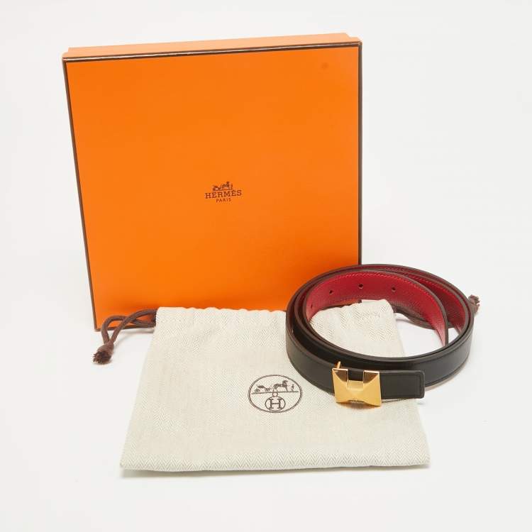 Pre Owned Hermes Noir/Rouge Casaque Swift and Epsom Leather Medor H Buckle Belt 90 CM