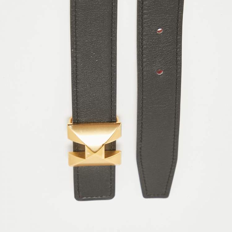 Pre Owned Hermes Noir/Rouge Casaque Swift and Epsom Leather Medor H Buckle Belt 90 CM