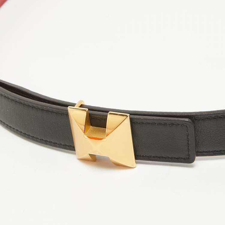 Pre Owned Hermes Noir/Rouge Casaque Swift and Epsom Leather Medor H Buckle Belt 90 CM