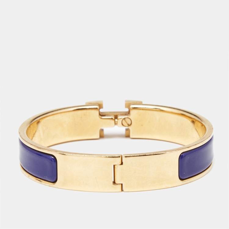 Pre Owned Hermès Clic H Navy Blue Enamel Gold Plated Bracelet
