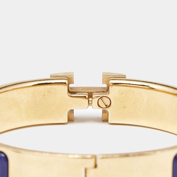 Pre Owned Hermès Clic H Navy Blue Enamel Gold Plated Bracelet