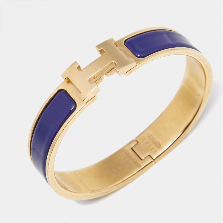 Pre Owned Hermès Clic H Navy Blue Enamel Gold Plated Bracelet